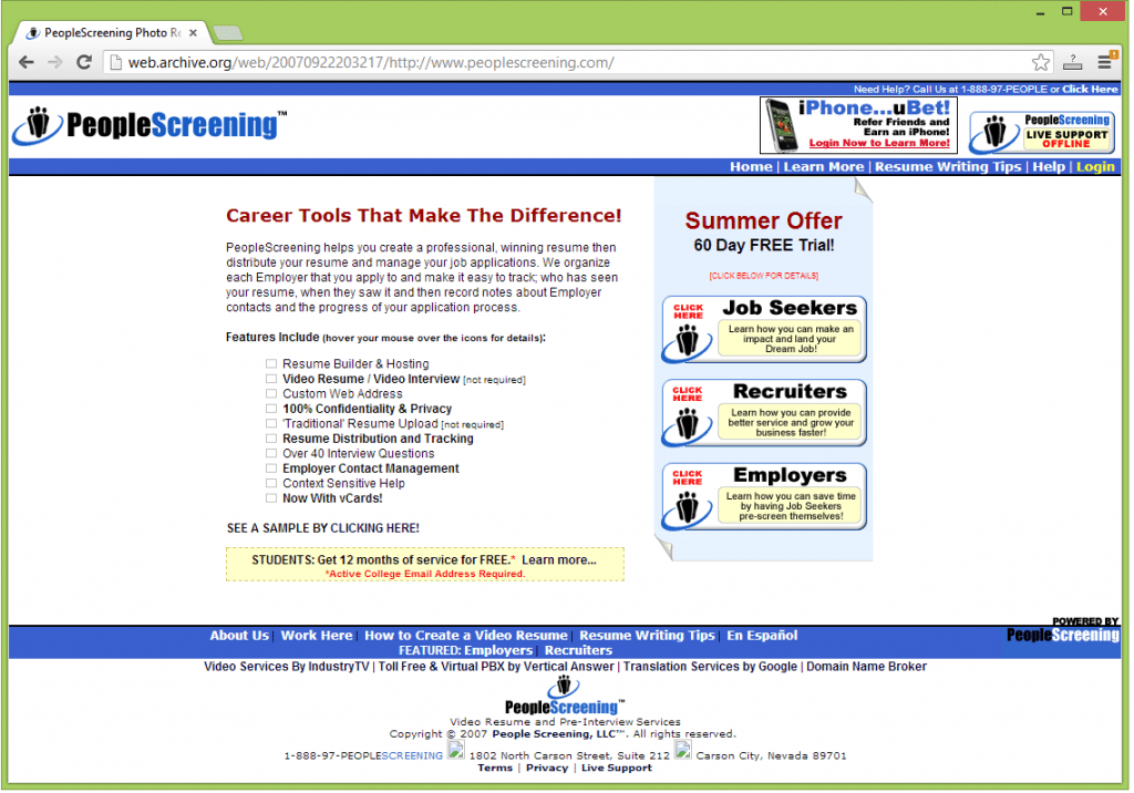 People Screening online resume hosting and distribution service