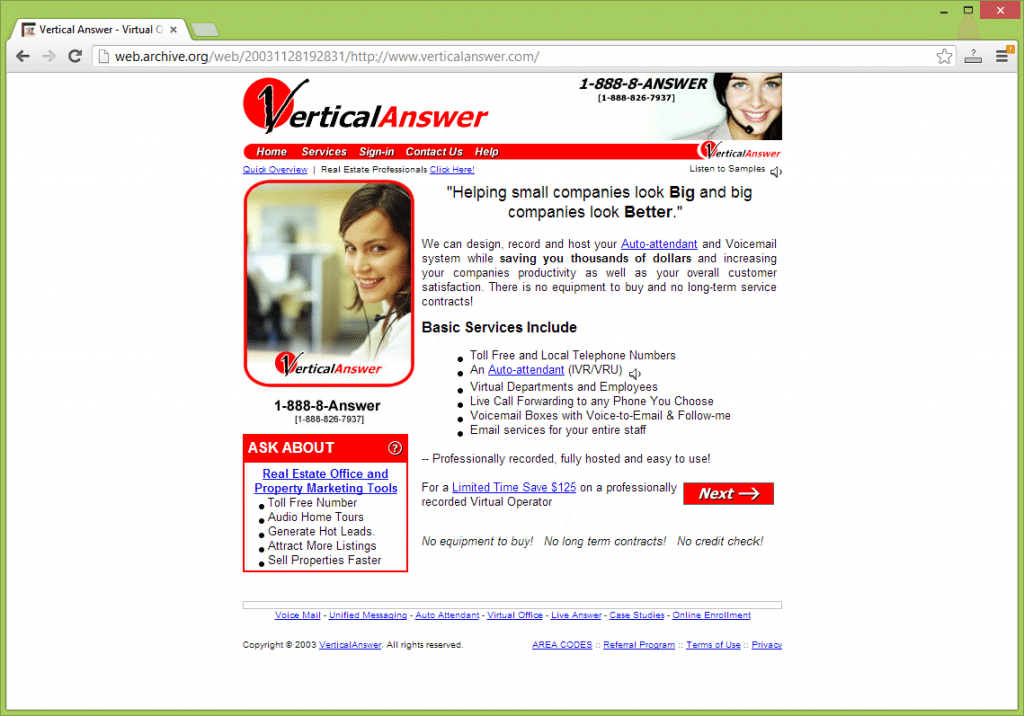 Vertical Answer one fo the first virtual auto-attendant (PBX) companies